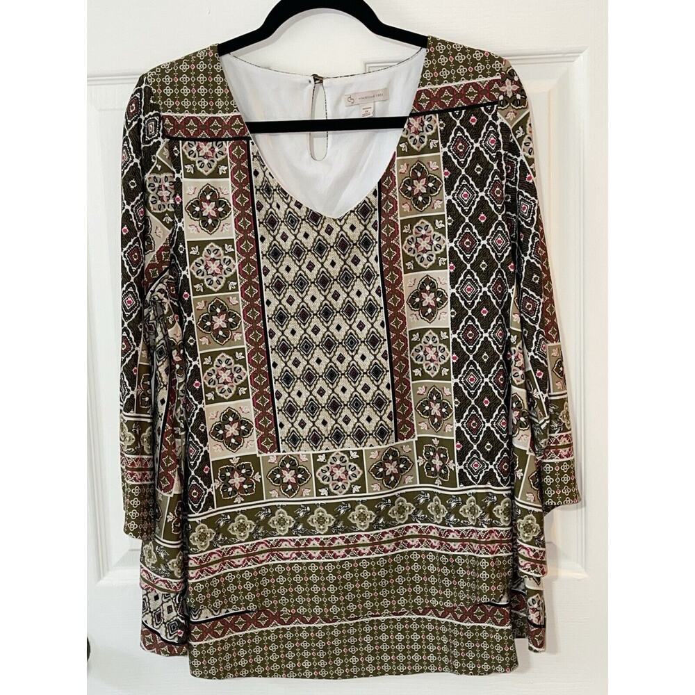 DB Established 1962 Patchwork Pattern Lined V-Neck 3/4 Sleeve Blouse Top Size 1X